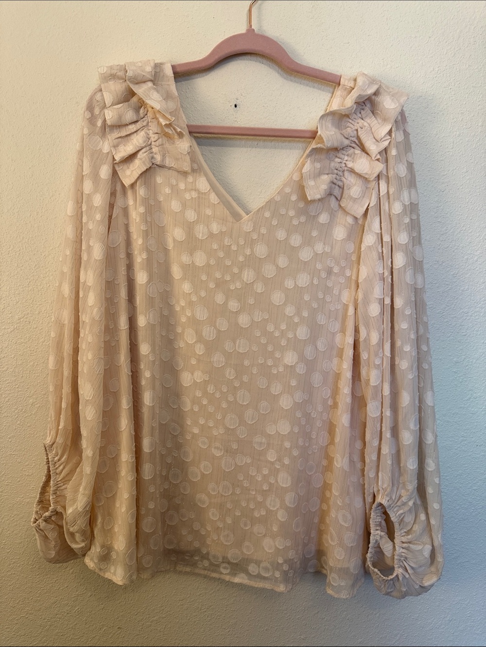 JODIFL Sheer Polka Dot Ruffle Shoulder Blouse in Light Peach